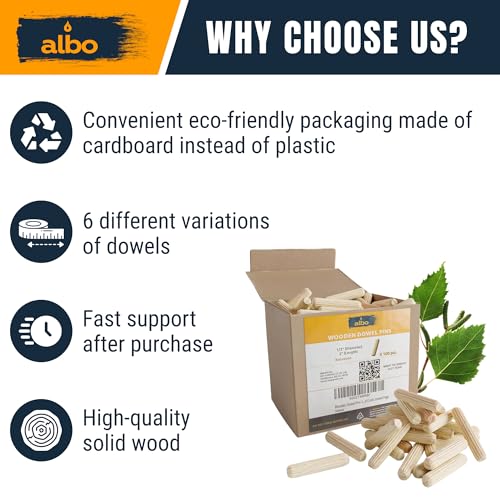ALBO 100 Pcs. Fluted Wood Dowel Pins for Woodworking, 1/2 x 2 Inch - size: 1/2"x2"-100Psc