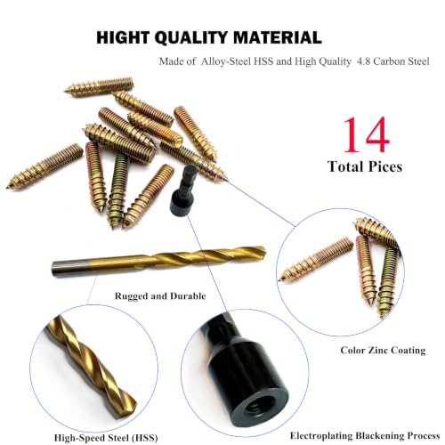 12Pack 3/8-16 x2Inch Hanger Bolts with Alloy-Steel Driver HSS Twist Drill Double Headed Bolts 3/8 Wood Dowel Screw Self-Tapping Hanger Bolts for Furniture