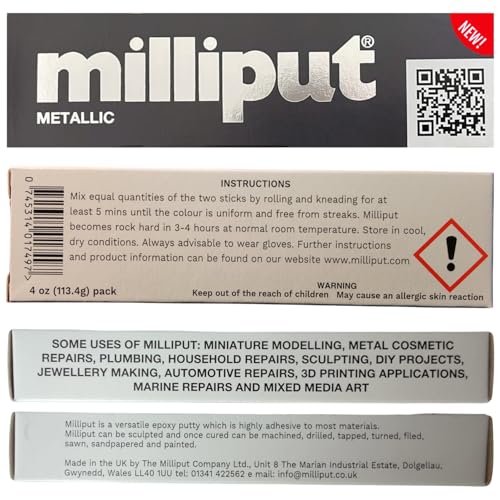 Milliput Epoxy Putty, Metallic - 2 Part Epoxy Putty Sculpting Clay for Modeling, Repairs, and DIY Projects - 4oz Pack (113.4g), Complete with Gloves