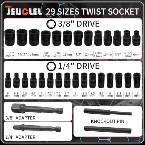 33PCS Bolt Extractor Kit, 3/8" & 1/4'' Drive Slim Type Nut Remover