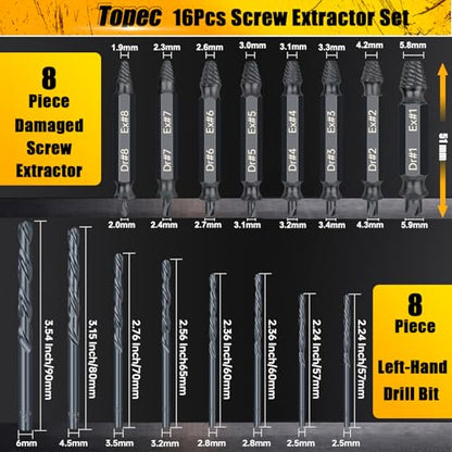Topec 16PCS Damaged Screw Extractor Set and Left Hand Drill Bit Set, Easy Out Screw Extractor Set with Storage Case, Suitable for Remove Broken, Rusty, Stripped Screw - size: 16 Pieces