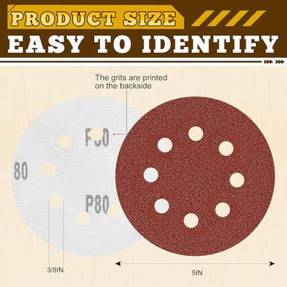 5 Inch Hook and Loop Sanding Discs, 50 Pack 8 Hole, 9 Mixed Grits
