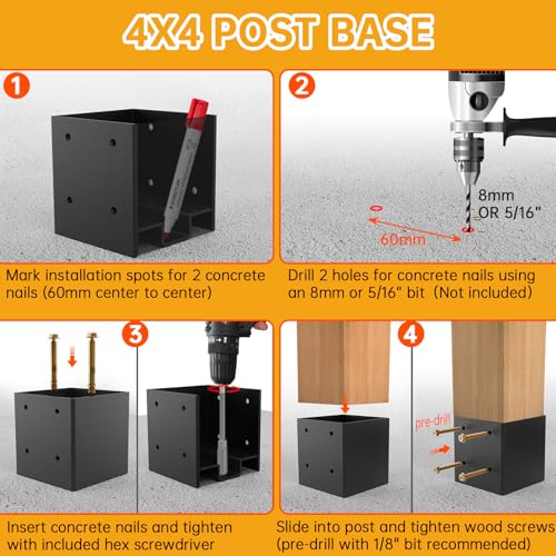 4x4 Post Base for Concrete with Hidden Anchor & Raised Base Design - size: 4x4 post base (4 PCS)