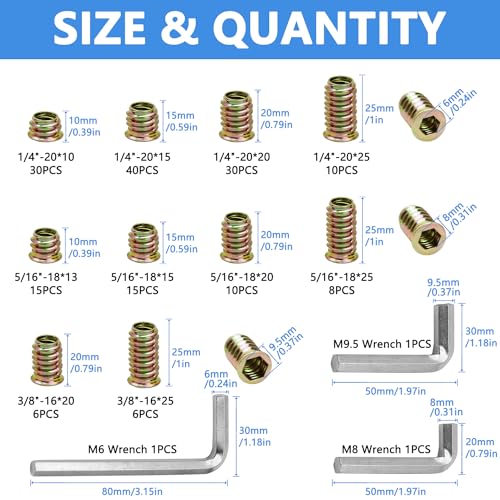 Threaded Inserts 170 PCS, 10 Sizes Assortment Kit for Wood Furniture - size: 170 PCS