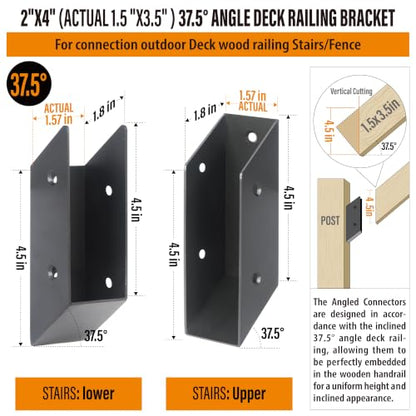 37.5°Stair Angle Stainless Steel Deck Railing Brackets Connectors for 2"x4" (Actual 1.5"x3.5") Railing Wood Post (8 Pair) - size: Angle 37.5°