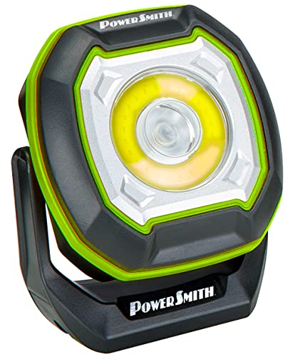 PowerSmith Rechargeable Work Light Magnetic Work Light 800 Lumen Flood Light 500 Lumen Spot Light, Hook and 1/4" Threaded Fitting for Tripod, USB Output (PILF800S)