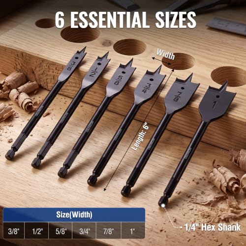 WORKPRO 6-Piece Spade Drill Bit Set, 3/8" to 1", Black - color: Black, size: 3/8" - 1"