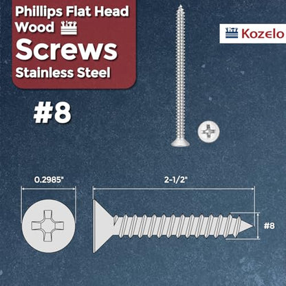 100pcs Phillips Wood Screws #8x2-1/2 304 Stainless Steel Silver - color: Silver, size: #8x2-1/2"