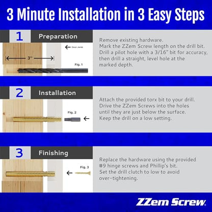 Brass 12-Pack #9 x 3 Permanent Stripped Door Hinge Screw Hole Repair Kit