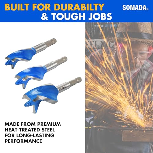 SOMADA Auger Drill Bit Set for Wood, 3-Piece, Hex Shank Quick Change - size: 3 PCS SET