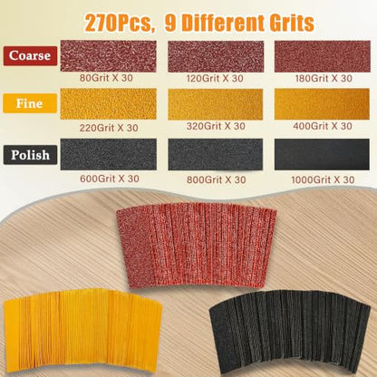 270 PCS Sandpaper Assortment, 80-1000 Grit Mini Detail Sanding Kit