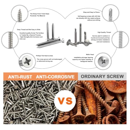 273Pcs Stainless Wood Screws Assortment, 304 Flat & 410 Self Tapping - size: Assortment Kit (273pcs)