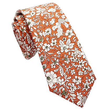Cotton 2.5-Inch Skinny Floral Tie and Pocket Square Set for Men - color: Marigold Orange