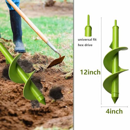 TCBWFY 4"x12" Auger Drill Bit for Planting and Digging Holes, Garden Plant Flower Bulb Rapid Bulb Planter Earth Auger Bit Post or Umbrella Hole Digger for 3/8" Hex Drive Drill - size: 4"x12"-Green