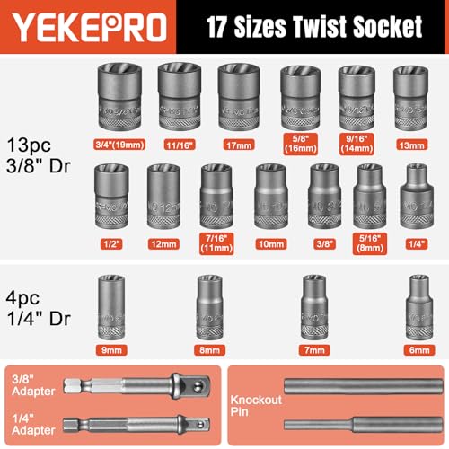 21PCS Bolt Extractor Set, 3/8" & 1/4" Drive Nut Remover - size: 3/8''&1/4'', 21pcs