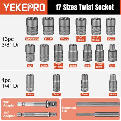 21PCS Bolt Extractor Set, 3/8" & 1/4" Drive Nut Remover - size: 3/8''&1/4'', 21pcs