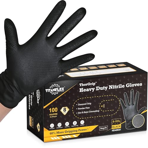 TitanFlex Heavy Duty Black Industrial Nitrile Gloves with Raised Diamond Texture, Latex Free 8mil - size: X-Large