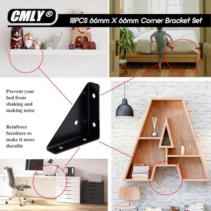 Corner Brace Brackets, 18Pcs 66mm x 66mm Black Corner Braces for Wood - size: Large, style: 18-Pack