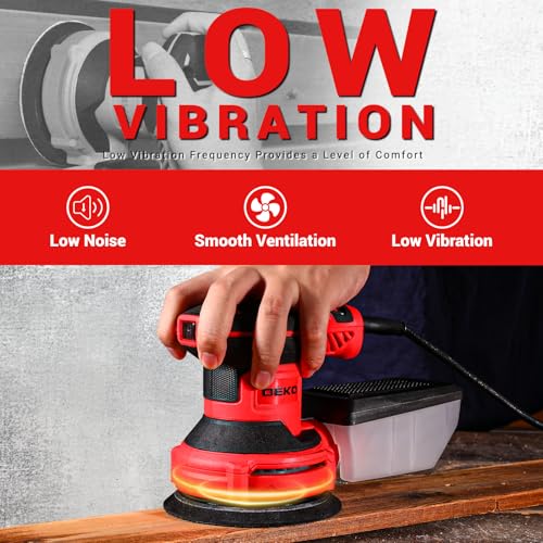 DEKOPRO Electric Sander with 16 Sandpapers, 14000RPM, 5-Inch, High Performance Dust Collection - For Woodworking