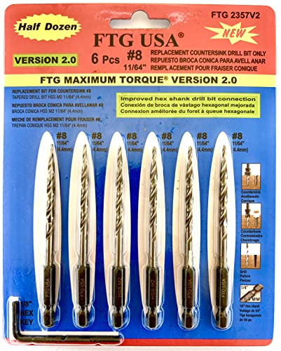FTG USA 6Pc #8 (11/64") Replacement Countersink Drill Bit Set Tapered Bits - size: #8 (11/64"), style: 6 Bits w/o cutter