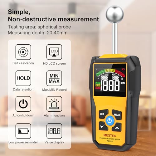MESTEK Wood Moisture Meter for Non-Destructive Moisture Detection in Drywall, Wood, and Masonry, Moisture Tester with Backlit Color LCD Display & Alarm Function, Detects up to 20-40mm Below Surface