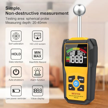 MESTEK Wood Moisture Meter for Non-Destructive Moisture Detection in Drywall, Wood, and Masonry, Moisture Tester with Backlit Color LCD Display & Alarm Function, Detects up to 20-40mm Below Surface