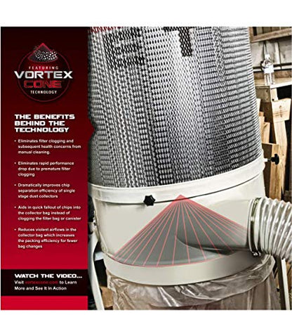 JET Vortex Cone Dust Collector, 30-Micron Bag Filter, 2 HP, 230/460V 3Ph (DC-1200VX-BK3)