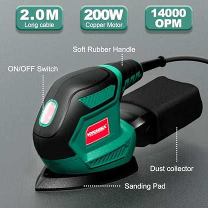 HYCHIKA Detail Sander, 14,000 OPM Compact Electric Sander Tool with 12 Pcs Sandpapers,Efficiency Dust Collection System,Suitable for Tight Spaces Sanding,Polishing,Removing Paint in Home Decoration - style: Sander
