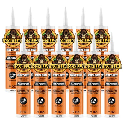 Gorilla Heavy Duty Construction Adhesive, White Glue, 9 Ounce Cartridge (Pack of 12) - Gap Filling and Waterproof