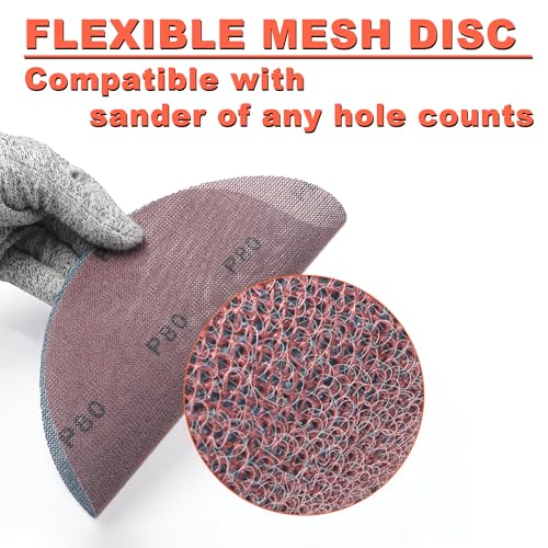 5 Inch Mesh Sanding Discs Assortment: 50Pcs Premium Ceramic Net Sanding Disc 80 120 180 240 320 Assorted Grit, Dustless Hook & Loop Sandpaper for 8 Hole Orbital Sander, Automotive/Wood Polishing