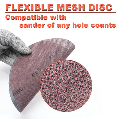 5 Inch Mesh Sanding Discs Assortment: 50Pcs Premium Ceramic Net Sanding Disc 80 120 180 240 320 Assorted Grit, Dustless Hook & Loop Sandpaper for 8 Hole Orbital Sander, Automotive/Wood Polishing