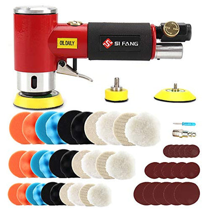 SI FANG Mini Random Orbital Air Sander Kit, Pneumatic Polisher 1/2/3 inch - style: 1"2"3" Buffer&Sander Kit Red