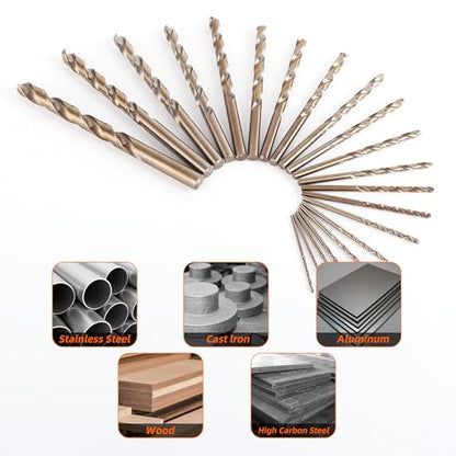 21Pcs Cobalt Drill Bit Set (1/16"-3/8"), M35 High Speed Steel, Twist Jobber Length for Hardened Metal, Stainless Steel, Cast Iron, Wood, and Plastics, with Metal Index Storage Box - size: 1/16"-3/8" (21pcs, Cobalt Mini)