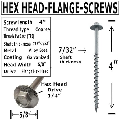 BRAUNY BOY - #12 x 4”- Structural Lag Heavy Duty Construction Wood Screw – Galvanized Corrosion Resistant Coating Exterior Timber, Landscape - Easy HEX Head Drive – Flange Head 4 in - Qty (25)
