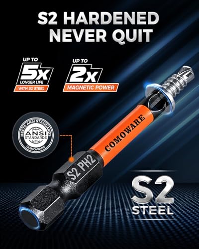 COMOWARE 11pcs Phillips Impact Screwdriver Drill Bits #2, S2 Steel 1/4" Hex Bit Set, Anti Slip Screwdriver Bits, 1-6" Length, CNC Tip Magnetic Drill Bit Magnetic Bit Holder for Power Drill - color: Ph2 11pcs