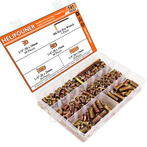 1/4-20 Threaded Inserts, Wood Inserts, Steel Threaded Inserts for Wood Furniture Screw, HELIFOUNER 140 Pieces 1/4"-20 x 10mm/15mm/20mm/25mm Threaded Inserts Kit with Hex Wrench - size: 1/4"-20 Assortment Kit