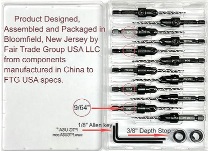 FTG USA 12 Pc #6 (9/64") Tapered Countersink Drill Bit Set with 2 Stops - size: #6, style: Same Sort 12 Pc
