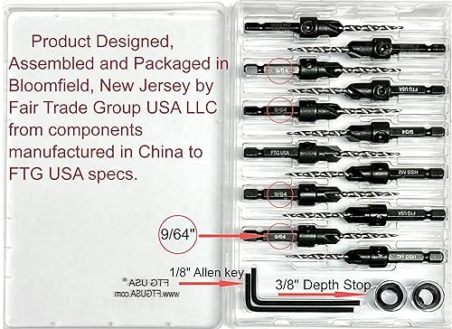 FTG USA 12 Pc #6 (9/64") Tapered Countersink Drill Bit Set with 2 Stops - size: #6, style: Same Sort 12 Pc