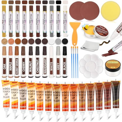 46PCS Wood Furniture Repair Kit, Furniture Touch Up Markers with Wood Fillers, Putty & Beeswax for Scratches, Cracks, Holes, Floors, Tables, Cabinets & Doors