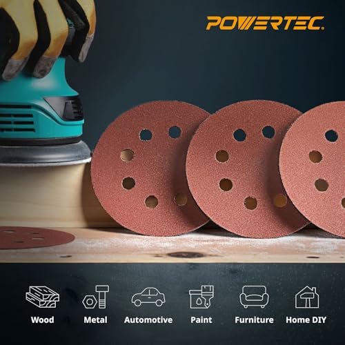 POWERTEC 100PK, 40/80/120/220/320 Grits, 5 Inch 8 Hole Hook and Loop Sanding Discs, Aluminum Oxide Sandpaper Discs, Woodworking Sanding Pads for Random Orbital, Palm, Air & Pneumatic Sander (45000V) - style: 40-320 Mixed Grit, 100PK