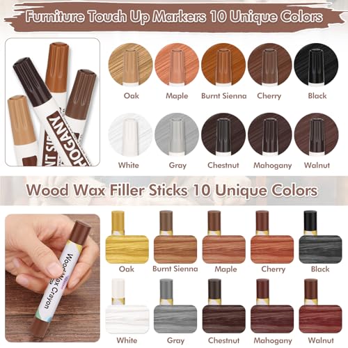 46PCS Wood Furniture Repair Kit, Furniture Touch Up Markers with Wood Fillers, Putty & Beeswax for Scratches, Cracks, Holes, Floors, Tables, Cabinets & Doors