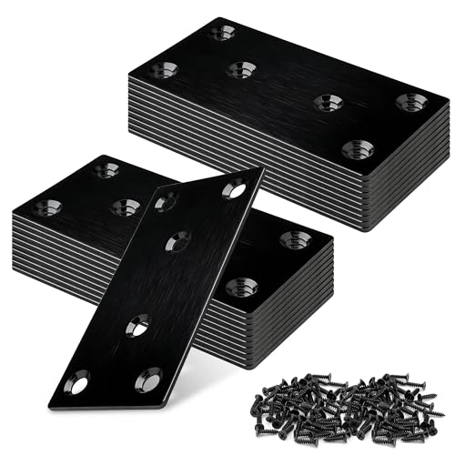 20 Pack Flat Straight Brace Bracket, 4 x 2 inch Black Steel Stainless Mending Plate with Screws, Flat Metal Brackets for Wood Furniture Shelves Repair (100 × 50 mm)