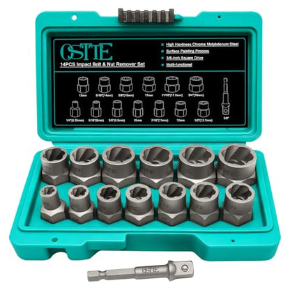 14Pcs Impact Bolt & Nut Extractor Kit, 3/8" Drive - size: 13+1 Piece