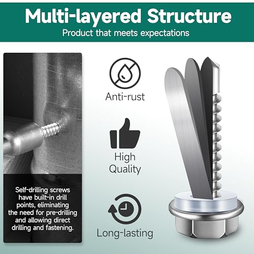 100Pcs #10 x 1 Sheet Metal Screws, 410 Stainless Steel Self Drilling Hex Washer Head Self Tapping Screws for Metal with Drill Bit - color: Silver, size: #10 x 1"