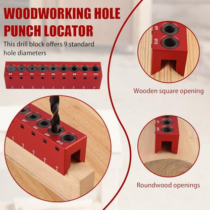 Drill Guide, Doweling Jig and Drill Guide for Straight Hole, 2-10 mm Self-Centering Drill Block for Pocket, Edge and Face Joinery, Aluminum Power Tool Accessory Jig for DIY and Woodworkers