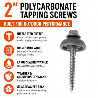 Polycarbonate Tapping Screws for Wood – 2" Outdoor Screws with Expansion Cutters & Sealing Dome Washers – Waterproof, Anti-Corrosion – Fencing & Exterior Projects 50 Pack