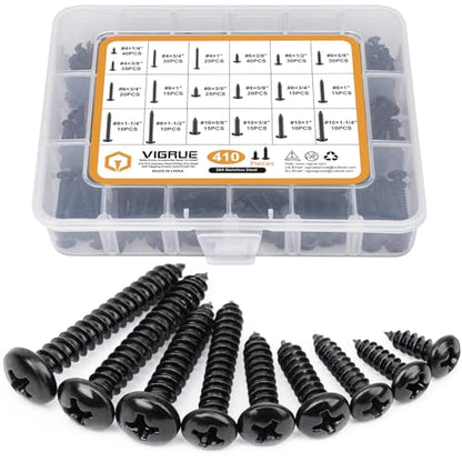 VIGRUE 410Pcs Stainless Steel Black Wood Screws Set #4#6#8#10 Phillips Pan Head Sheet Metal Screws Self Tapping Wood Screws Assortment Kit, Length 1/4" to 1-1/2" - size: 410PCS #4#6#8#10 Stainless Steel Black Pan Head