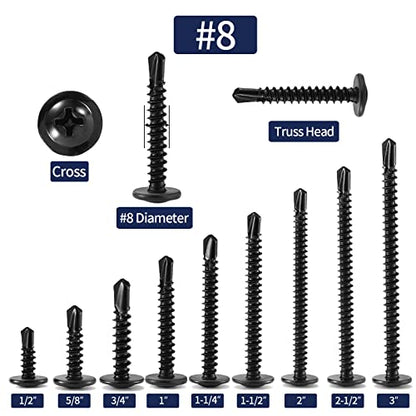 #8 x 2-1/2" Sheet Metal Screws 100PCS 410 Stainless Steel Truss Head Fast Self Tapping Screws Black Oxide by SG TZH - color: Black, size: #8 x 2-1/2"