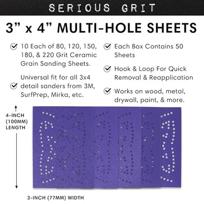 Serious Grit - 3x4 Ceramic Sanding Sheets - P80-220 Assortment - 50 Pack - style: Mixed Grit