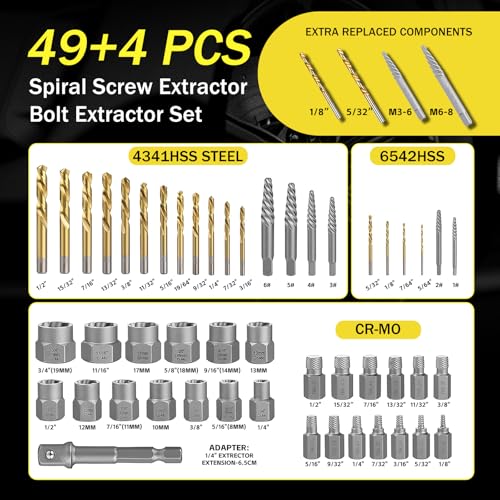 53Pcs Easy Out Screw Extractor Set with Left Hand Drill Bit, Bolt Extractor Kit with Hex Adapter, Stripped Bolt Remover & Reverse Drill Bit for Broken Nuts Screws, Bolts, Studs - size: 53 PCS SES